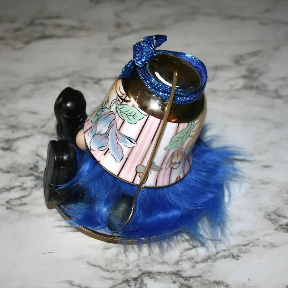 HAND CRAFTED Gnome Tea Cup and Saucer Set Floral Metallic Home Decor Blue